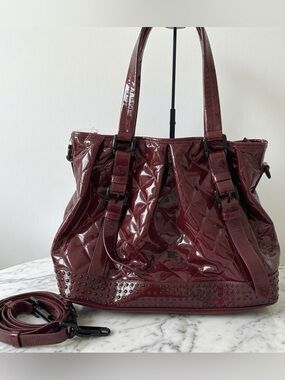 Vintage Burberry Burgundy Patent Quilted Tote with Stud Trim Excellent Condition
